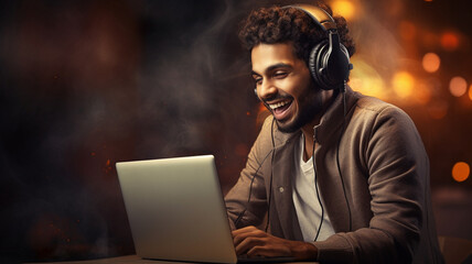 Wall Mural - young african american male in headphones using computer while sitting in modern apartment.