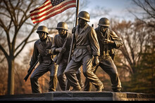 Valor In Bronze: WWII Soldiers Memorial Statue With American Flag