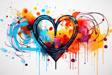 Abstract Modern Art Depiction Of Heart On White Background Using Vibrant Colors, Fluid Lines And Splashes Of Paint, Creating Visually Dynamic And Expressive Image