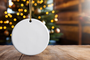 Wall Mural - A white round ceramic Christmas ornament. Festive decoration for mockup. Blurred green tree with lights in the background.