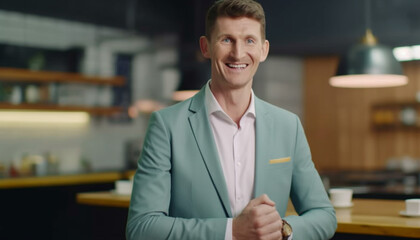 Sticker - Confident businessman in suit smiling for portrait at office workplace generated by AI