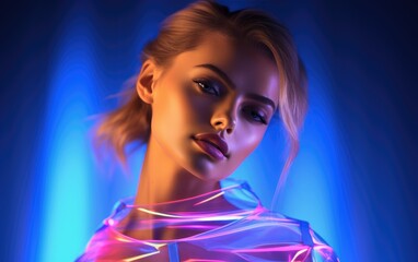 Wall Mural - Fashion model woman in colorful bright neon lights posing in studio through transparent film