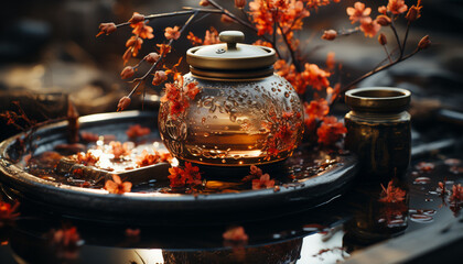 Canvas Print - A rustic table with a wood teapot, leaf, and fruit generated by AI