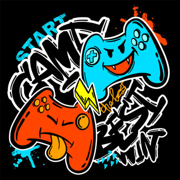 Illustration print for t-shirt with colourful  joystick game and graffiti words. Background for boys.