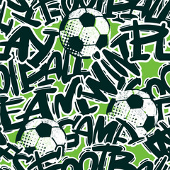 Aufkleber - Abstract seamless grunge pattern for guys. Urban style modern background with soccer and slogans. Sport extreme style creative wallpaper