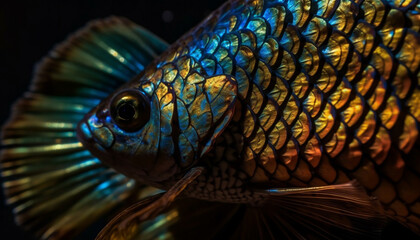 Sticker - A colorful tropical fish swims gracefully in the underwater reef generated by AI