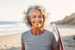 Middle-aged woman holding a surfboard on a beach, radiating vitality, optimism, health, and well-being, aging gracefully and embracing active lifestyle