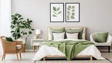 Cozy Bedroom Natural Style Interior Design, Bed With White And Green Bedding, Rattan Armchair, Plants Posters, Wooden Bench, Soft Plaid