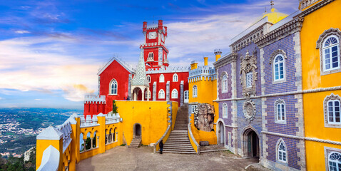 Poster - Most famous tourist destinations and landmarks of Portugal - colorful Pena palace (castle) Unesco heritage site