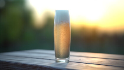 Sticker - Refreshing drink on wooden table, nature backdrop at sunset generated by AI