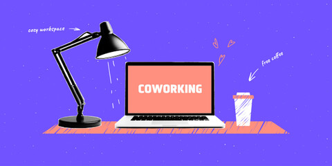 Aufkleber - Trending co-working concept. Modern halftone collage with doodle elements. Work desk with laptop, lamp and coffee. 