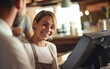 © piai - Happy person, waitress or employee in small business restaurant helping client at checkout