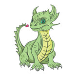 Fototapeta Dinusie - A cute cartoon green dragon holds . New year 2024 animal vector illustration on white background. Nice nursery. For calendars, cards, design, interior.