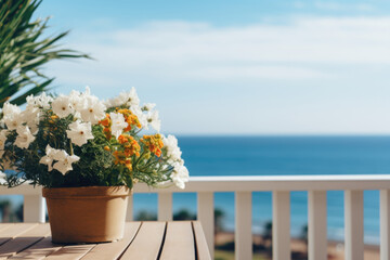 Ocean-View Balcony Garden: A close-up shot captures the intricate details of a balcony garden with a mesmerizing ocean backdrop, infusing a refreshing spring ambiance