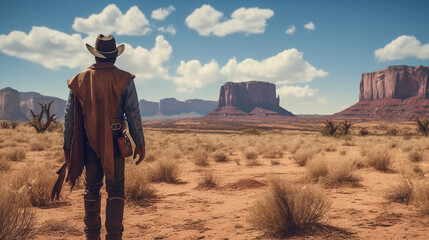 Wall Mural - Cowboy in the American West: A rugged cowboy in full western gear, including a hat and boots, standing in a desert landscape with distant mountains, under the intense midday sun, high