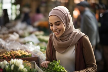 Wall Mural - Muslim woman shopping at the market. She is wearing a hijab.