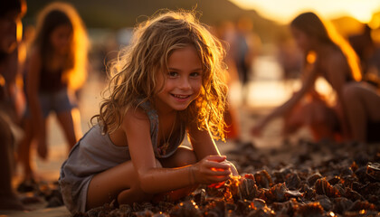 Poster - Smiling girls enjoying nature, playing outdoors, carefree and happy generated by AI