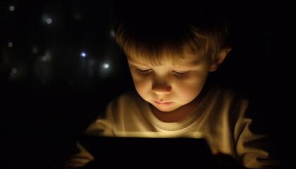 Sticker - Cute Caucasian toddler playing on digital tablet, illuminated by screen generated by AI