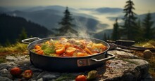 A Freshly Cooked Meal Steaming On A Compact Portable Stove, Showcasing The Joy Of Outdoor Cooking. Generative AI