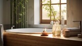 Find serenity with subtle bamboo decorations in a peaceful bathroom setting. Generative AI