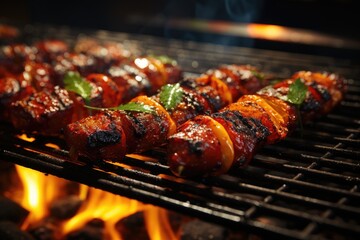 Top view assorted delicious grilled meat with vegetables on barbecue grill with smoke and flames. Fresh Herbs and Spices. Summer Barbecue Food.