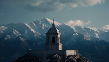 Poster - Mountain chapel symbolizes spirituality and religion in tranquil nature scene generated by AI