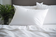 Bedroom Interior Design Details. Comfortable Bed With Soft White Pillows And Bedding In Bed