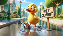 A Cartoon Duck Looks Surprised As It's Stuck In Wet Cement Next To A Sign Warning Of The Hazard..