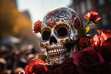 Poster - The Mexican flag at a colorful Day of the Dead procession. Concept of cultural expression and honoring ancestors. Generative Ai.