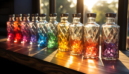 Sticker - Glass bottle reflects colorful liquid on wooden table in bar generated by AI