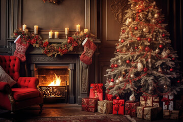 Sticker - Living room home interior with decorated fireplace and christmas tree, vintage style. Christmas Holidays