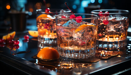 Canvas Print - Nightclub bartender pouring whiskey into glass on wooden bar counter generated by AI