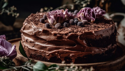 Sticker - Homemade chocolate cake with fresh fruit and ornate decoration generated by AI