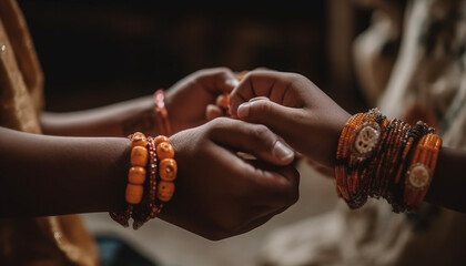 Canvas Print - Young adults holding hands, bonding with bracelets, smiling in togetherness generated by AI