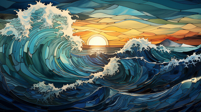 mosaic sea at sunset, waves