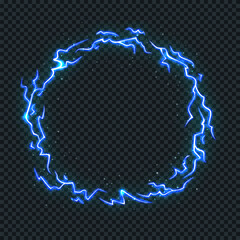 Poster - Electric Circle Lightings with Neon Effect. Vector Glowing Storm Flash Thunderstorm. Illustration of Glowing Storm Bolts