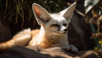 Canvas Print - Young feline red fox sitting in grass, looking alertly generated by AI