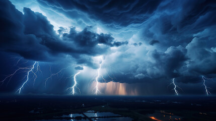 Sticker - Thunderous dark sky with black clouds and flashing lightning. Panoramic view. Concept on the theme of weather, natural disasters, storms, typhoons, tornadoes, thunderstorms