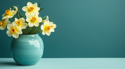 Sticker - Yellow flowers in greenish ceramic vase isolated on blue background. Macro and close-up. copy space