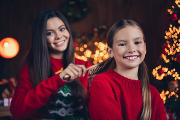 Poster - Photo of pretty charming little siblings dressed red sweaters combing hair doing x-mas hairdo indoors christmas apartment home