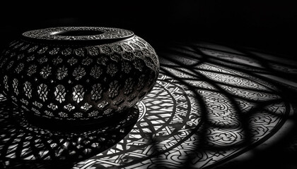 Poster - Ancient pottery vase with ornate floral pattern, black and white generated by AI