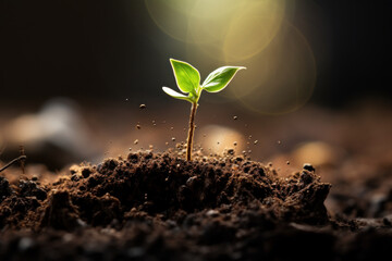 Poster - A seedling breaking through the soil, representing the germination of novel concepts and the growth of innovative ideas. Concept of conceptual germination. Generative Ai.