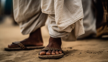 Canvas Print - Barefoot family walking on sand, enjoying summer vacation together generated by AI