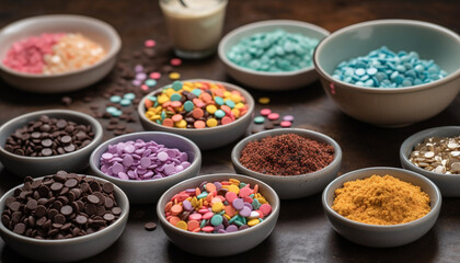 Poster - A colorful collection of sweet candy in a wooden bowl generated by AI