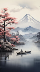 Wall Mural - Mt Fuji and Kawaguchiko lake in Japan. Digital painting.