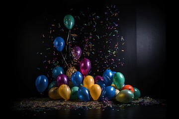 Poster - Colorful birthday balloons and confetti black stage background, joy of a birthday celebration background