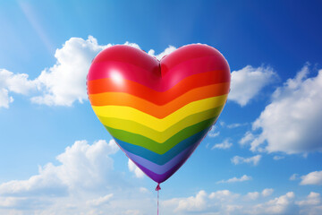 Poster - A rainbow-colored heart-shaped balloon released into the sky at an anti-homophobia event. Concept of hope and love. Generative Ai.
