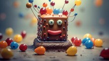 Birthday Cake With Eyes And Smile With Colorful Balloons Around It. Illustration For Cover, Card, Postcard, Interior Design, Invitation, Banner, Poster, Brochure Or Presentation.