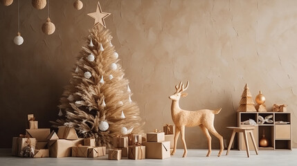 Wall Mural - Beautiful Christmas tree with gift boxes and wooden reindeer near beige wall. decorations, xmas, celebrate new year happy festival, party, gift, present, card, happiness, countdown, gift box. holiday.