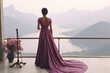 Back view gorgeous young woman female lady dust pink elegant luxurious silk ball dress standing looking balcony bridesmaid clothes trendy wedding studio evening fashion model gown photoshoot romantic